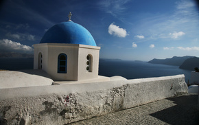 cities, sky, Greece, church, clouds