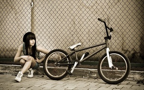 fence, bicycle, girl, stunner