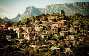 cities, houses, landscape, mountain, town