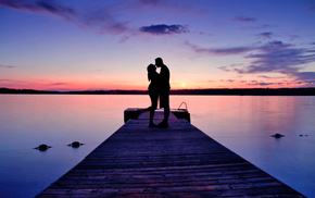 couple, evening, sunset, lake, pier