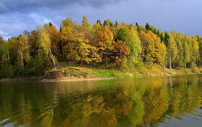 river, trees, sky, autumn, coast