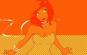 redhead, cleavage, green eyes, orange background