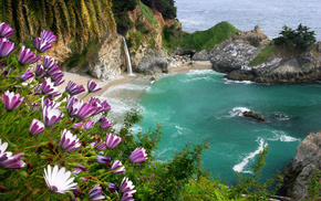 flowers, waterfall, nature, ocean, mountain
