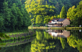 house, river, trees, summer, reflection