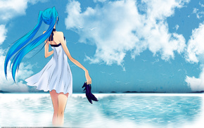 birds, anime, sky, sea, girl