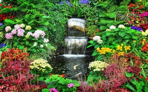 waterfall, nature, flowers