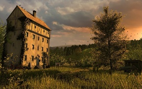 3D, sunset, house, sky