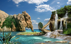 3D, sea, mountain, waterfall, rocks