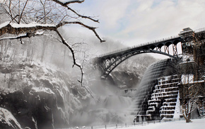 winter, bridge, river
