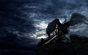 girl, rock, angel, fantasy, sky