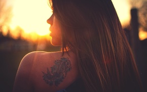 tattoo, girl, sunset, brunette