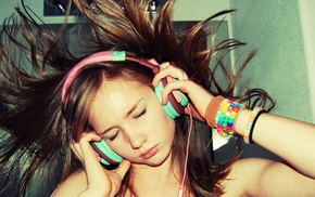 closed eyes, brunette, headphones, music