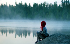 girl, redhead, lake