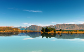 reflection, sky, trees, lake, mountain