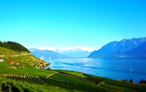 nature, sky, lake, grass, mountain