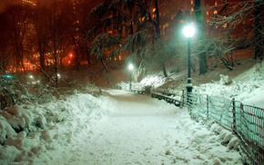 evening, snow, light, park, cities
