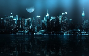 night, moon, cities, river, reflection