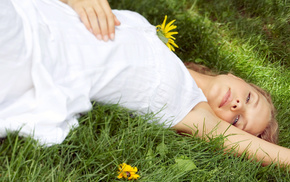 grass, flowers, white dress, girls