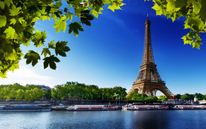 cities, river, Eiffel Tower, summer, leaves