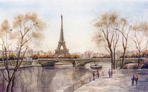 cities, Eiffel Tower, city, river, drawing