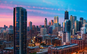 sunset, cities, Chicago, city