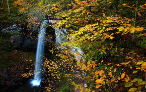 trees, autumn, stones, waterfall, forest