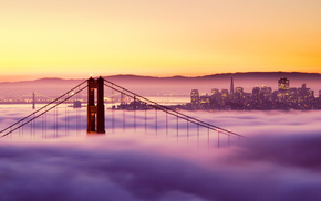 bridge, mist, cities, sunset