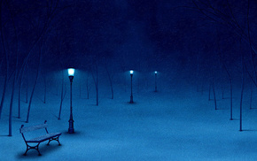 winter, bench, night, park
