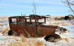 field, winter, car, snow