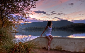 girls, sunset, girl, lake