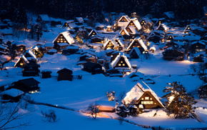 snow, landscape, houses, night, winter
