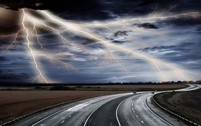 lightning, car, nature, road, sky