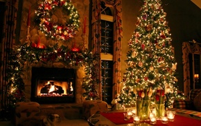holiday, fir-tree, creative, fireplace, candles