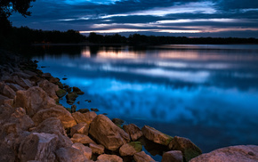 evening, stones, lake, nature, coast