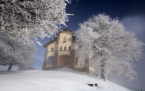 landscape, winter, house, tree