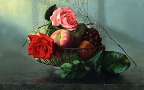 roses, stunner, fruits, painting