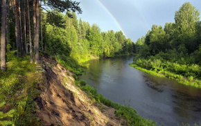 rainbow, forest, river, nature, landscape