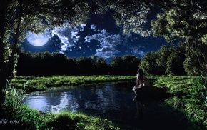 moon, girl, trees, lake, 3D