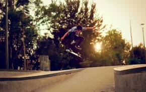 boy, sports, street, trees, skateboard