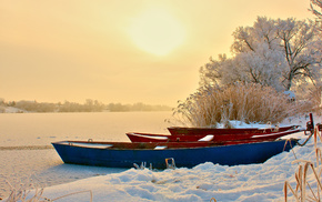 evening, boats, nature, river, snow