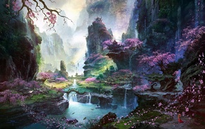 waterfall, fantasy, art, river, sakura