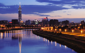 cities, city, evening, China, river