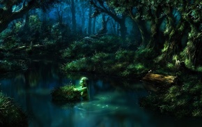 water, forest, art, 3D, girl
