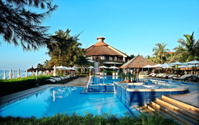 sea, house, palm trees