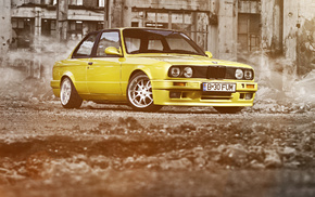 cars, ruin, BMW, yellow