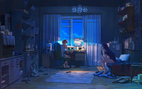 anime, computer, night, room, art