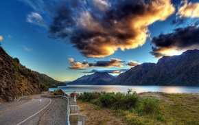 mountain, lake, road, nature