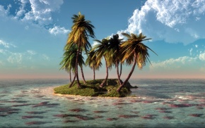 art, 3D, water, palm trees, sea