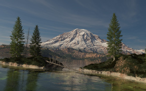 snow, tree, art, lake, 3D