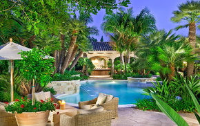 interior, palm trees, flowers, swimming pool